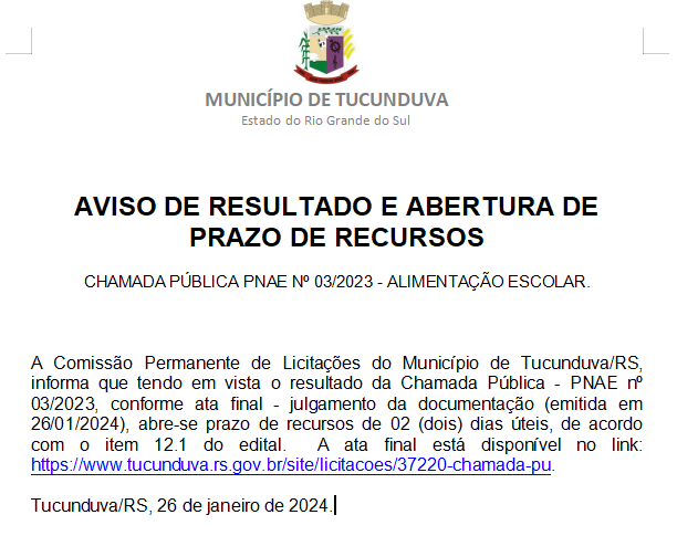 AVISO DE RESULTADO E ABERTURA DE PRAZO DE RECURSOS - CHAMADA PÚBLICA PNAE Nº 03/2023 - ALIMENTAÇÃO ESCOLAR.