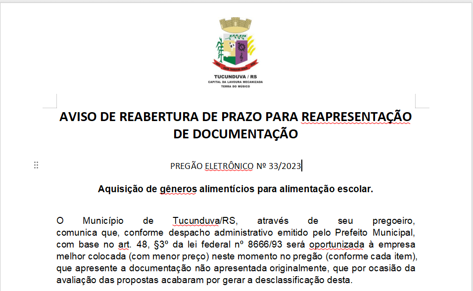 AVISO DE REABERTURA DE PRAZO PARA REAPRESENTAÇÃO DE DOCUMENTAÇÃO  - PRE 33_2023 - ALIMENTAÇÃO ESCOLAR