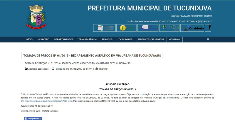 TOMADA DE PREÇOS Nº 01/2019 - RECAPEAMENTO ASFÁLTICO EM VIA URBANA DE TUCUNDUVA/RS