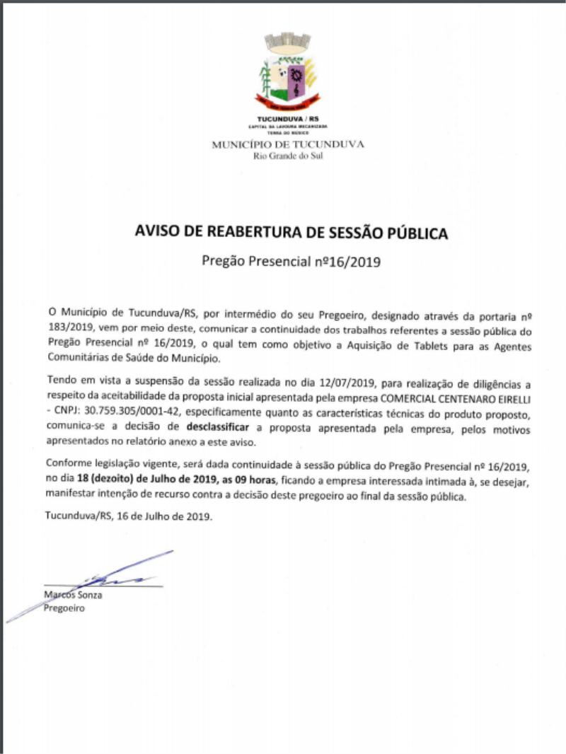 AVISO DE REABERTURA DE SESSÃO PUBLICA PP 16_2019 - TABLETS