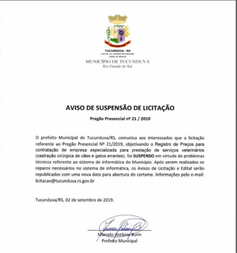 AVISO DE SUSPENSÃO PREGÃO PRESENCIAL 21/2019