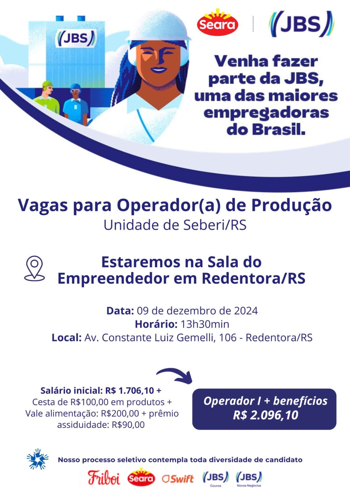 <p style="background: white; margin: 0cm 0cm 7.5pt 0cm;"><span style="font-size: 14.0pt; color: #444444;">JBS far&aacute; sele&ccedil;&atilde;o de pessoal para a unidade Seberi no dia 09 de dezembro, na Sala do Empreendedor</span></p>