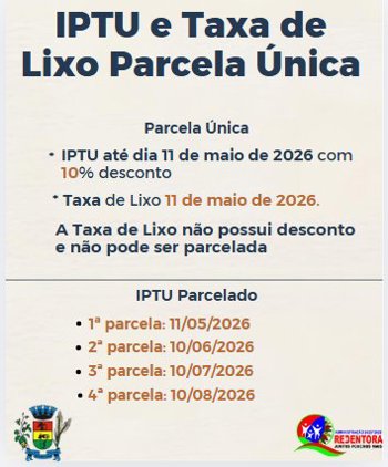 <p>O IPTU e Taxa de Lixo 2026 j&aacute; est&atilde;o dispon&iacute;veis.</p>