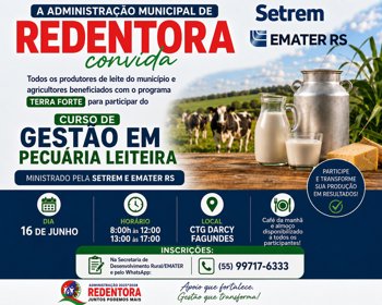 Produtores Rurais de Redentora s&atilde;o convidados para Curso de Gest&atilde;o em Pecu&aacute;ria Leiteira.