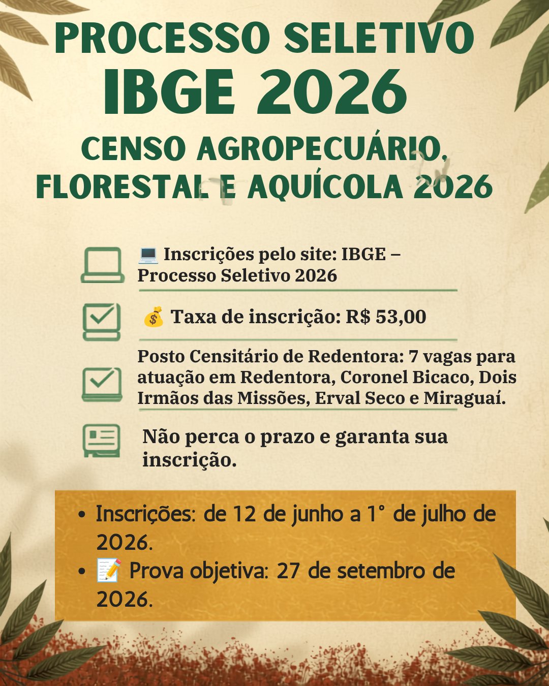 IBGE abre inscrições para o Censo Agropecuário, Florestal e Aquícola 2026.