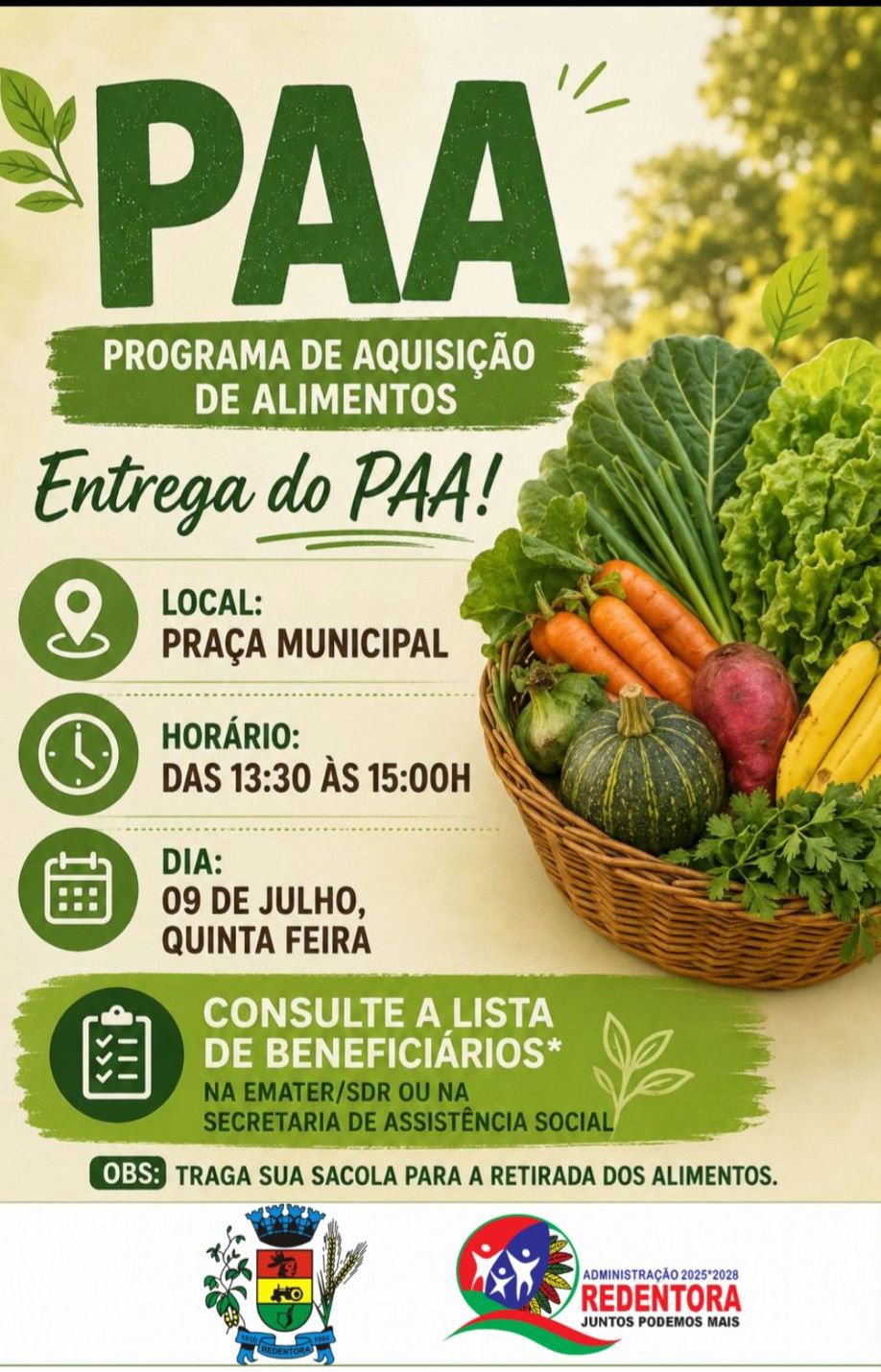 Programa de Aquisição de Alimentos - PAA realizará entrega