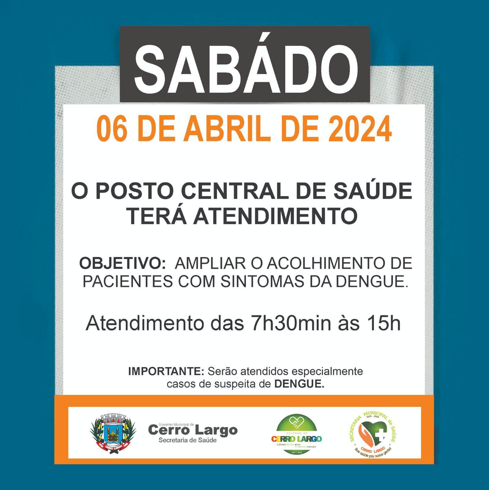<p>POSTO CENTRAL DE SA&Uacute;DE TER&Aacute; ATENDIMENTO NESTE SAB&Aacute;DO 06 DE ABRIL DE 2024</p>