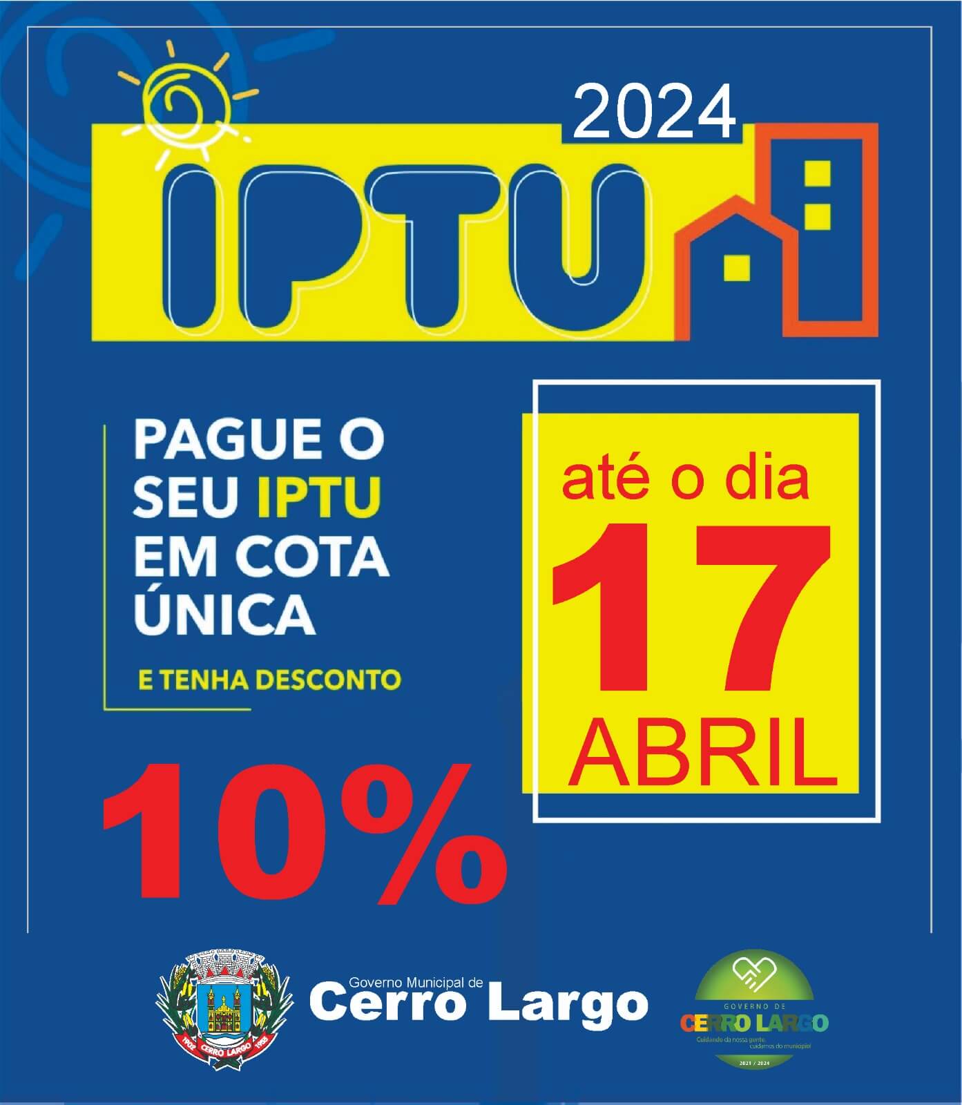 <p>IPTU EM COTA &Uacute;NICA AT&Eacute; 17 DE ABRIL COM 10% DE DESCONTO</p>