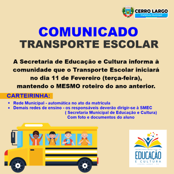 <p>Comunicado Importante!!!&nbsp;TRANSPORTE ESCOLAR</p>