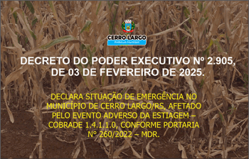 <p><strong><em>DECLARA SITUA&Ccedil;&Atilde;O DE EMERG&Ecirc;NCIA NO MUNIC&Iacute;PIO DE CERRO LARGO/RS, AFETADO PELO EVENTO ADVERSO DA ESTIAGEM &ndash; COBRADE 1.4.1.1.0, CONFORME PORTARIA N&deg; 260/2022 &ndash; MDR.</em></strong></p>