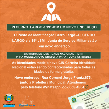 <p>CARTEIRA DE IDENTIDADE NACIONAL, PI e&nbsp;19&ordf; JSM EM NOVO ENDERE&Ccedil;O</p>