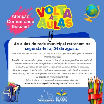 <div dir="auto">Volta &agrave;s Aulas!!</div>
<div dir="auto">Secretaria Municipal de Educa&ccedil;&atilde;o e Cultura Informa!</div>