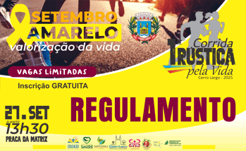 <p>Regulamento 1&ordf; Corrida R&uacute;stica 2025 - 27 de setembro</p>
<p>Per&iacute;odo de Inscri&ccedil;&atilde;o: 16/09 a 23/09/2025 ou at&eacute; o limite de 300 atletas (ordem de inscri&ccedil;&atilde;o) - ENCERRADAS</p>