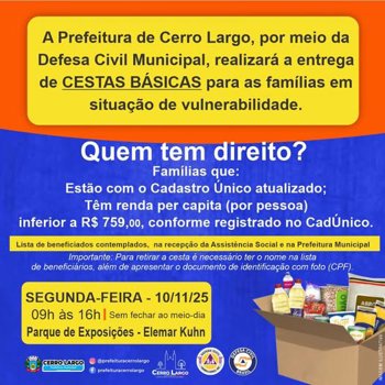 <div dir="auto">Distribui&ccedil;&atilde;o de Cestas B&aacute;sicas ser&aacute; realizada no dia 10 de novembro</div>
<div dir="auto">&nbsp;</div>