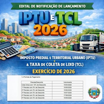 <p>Publicado Edital de Notifica&ccedil;&atilde;o de Lan&ccedil;amento do IPTU e TCL 2026</p>