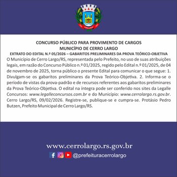 <p>CONCURSO P&Uacute;BLICO PARA PROVIMENTO DE CARGOS&nbsp;MUNIC&Iacute;PIO DE CERRO LARGO</p>