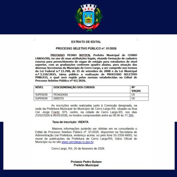 <p class="western" align="center">PROCESSO SELETIVO P&Uacute;BLICO n&ordm;. 01/2026</p>