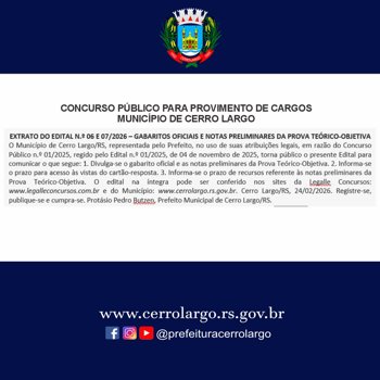 <p align="center"><span style="color: #000000;"><span style="font-family: Calibri, serif;"><span style="font-size: medium;"><strong>CONCURSO P&Uacute;BLICO PARA PROVIMENTO DE CARGOS<br />MUNIC&Iacute;PIO DE CERRO LARGO</strong></span></span></span></p>