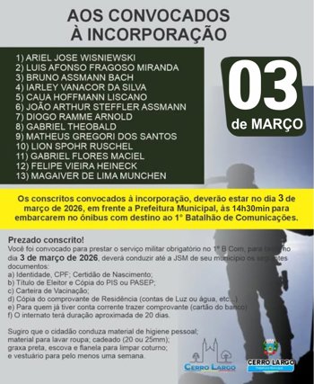 <p><span style="color: #000000; font-family: arial, helvetica, sans-serif; font-size: 12pt;">Conscritos convocados &agrave; incorpora&ccedil;&atilde;o</span></p>