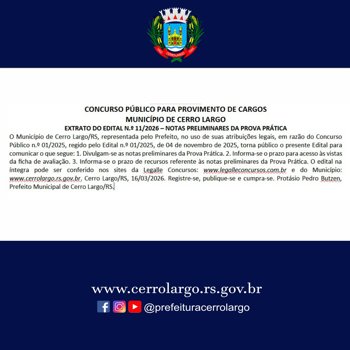 <p>EXTRATO DO EDITAL N.&ordm; 11/2026 &ndash; NOTAS PRELIMINARES DA PROVA PR&Aacute;TICA</p>