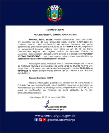<p>EXTRATO DE EDITAL -&nbsp;PROCESSO SELETIVO SIMPLIFICADO n&deg;. 04/2026</p>