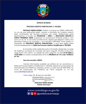 EXTRATO DE EDITAL PROCESSO SELETIVO SIMPLIFICADO n&ordm;. 05/2026