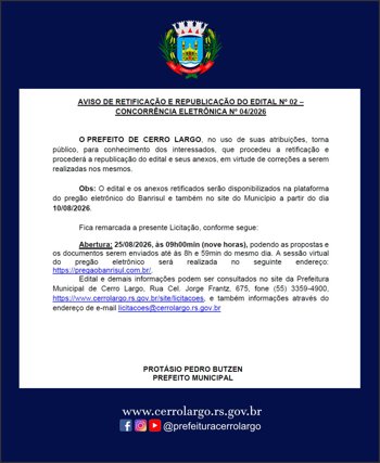 AVISO DE RETIFICA&Ccedil;&Atilde;O E REPUBLICA&Ccedil;&Atilde;O DO EDITAL N&ordm; 02 &ndash; CONCORR&Ecirc;NCIA ELETR&Ocirc;NICA N&ordm; 04/2026