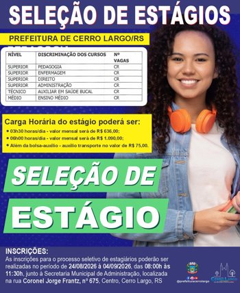 <strong>A Prefeitura de Cerro Largo abre Sele&ccedil;&atilde;o de Est&aacute;gio remunerado para estudantes</strong>