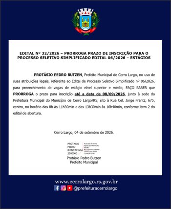 EDITAL N&ordm; 32/2026 - PRORROGA PRAZO DE INSCRI&Ccedil;&Atilde;O PARA O&nbsp;PROCESSO SELETIVO SIMPLIFICADO EDITAL 06/2026 - EST&Aacute;GIOS