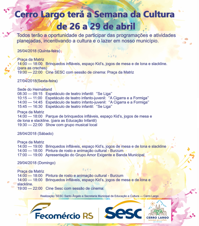 Cerro Largo terá a Semana da Cultura de 26 a 29 de abril