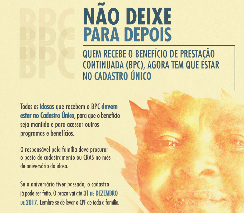 Beneficiários do BPC têm até DEZEMBRO de 2018 para fazer inscrição no Cadastro Único