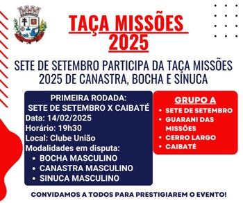 <p><strong>TA&Ccedil;A MISS&Otilde;ES 2025 DE CANASTRA, BOCHA E SINUCA</strong></p>