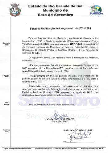 <p>EDITAL DE NOTIFICA&Ccedil;&Atilde;O DE LAN&Ccedil;AMENTO IPTU 2025.</p>