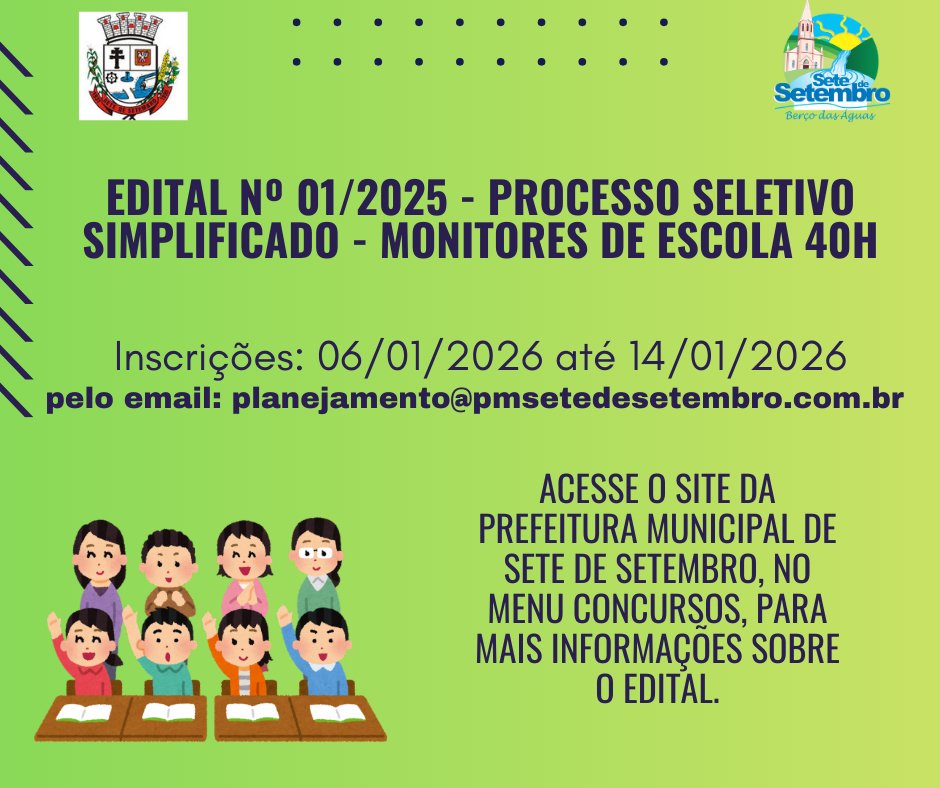 <p>Edital n&ordm; 01/2026 - Processo Seletivo Simplificado - Monitores de Escola 40h</p>