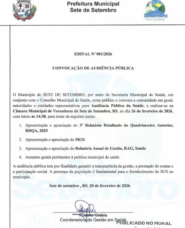 <p><strong>EDITAL 001/2026 - AUDIÊNCIA PÚBLICA DA SAÚDE</strong></p>