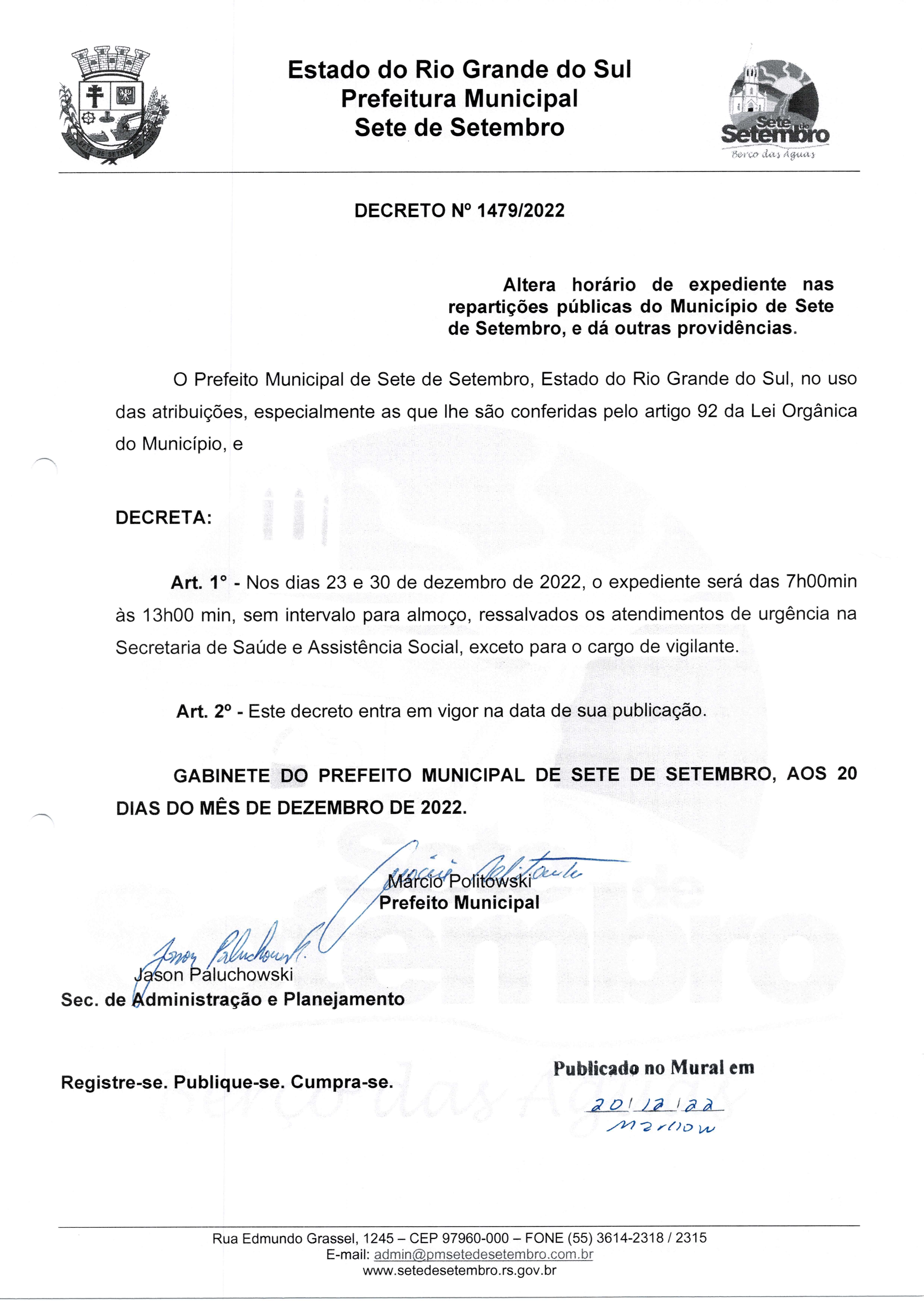 DECRETO Nº 1.479/2022  - ALTERAÇÃO DE HORÁRIO DE EXPEDIENTE NAS REPARTIÇÕES PÚBLICAS MUNICIPAIS