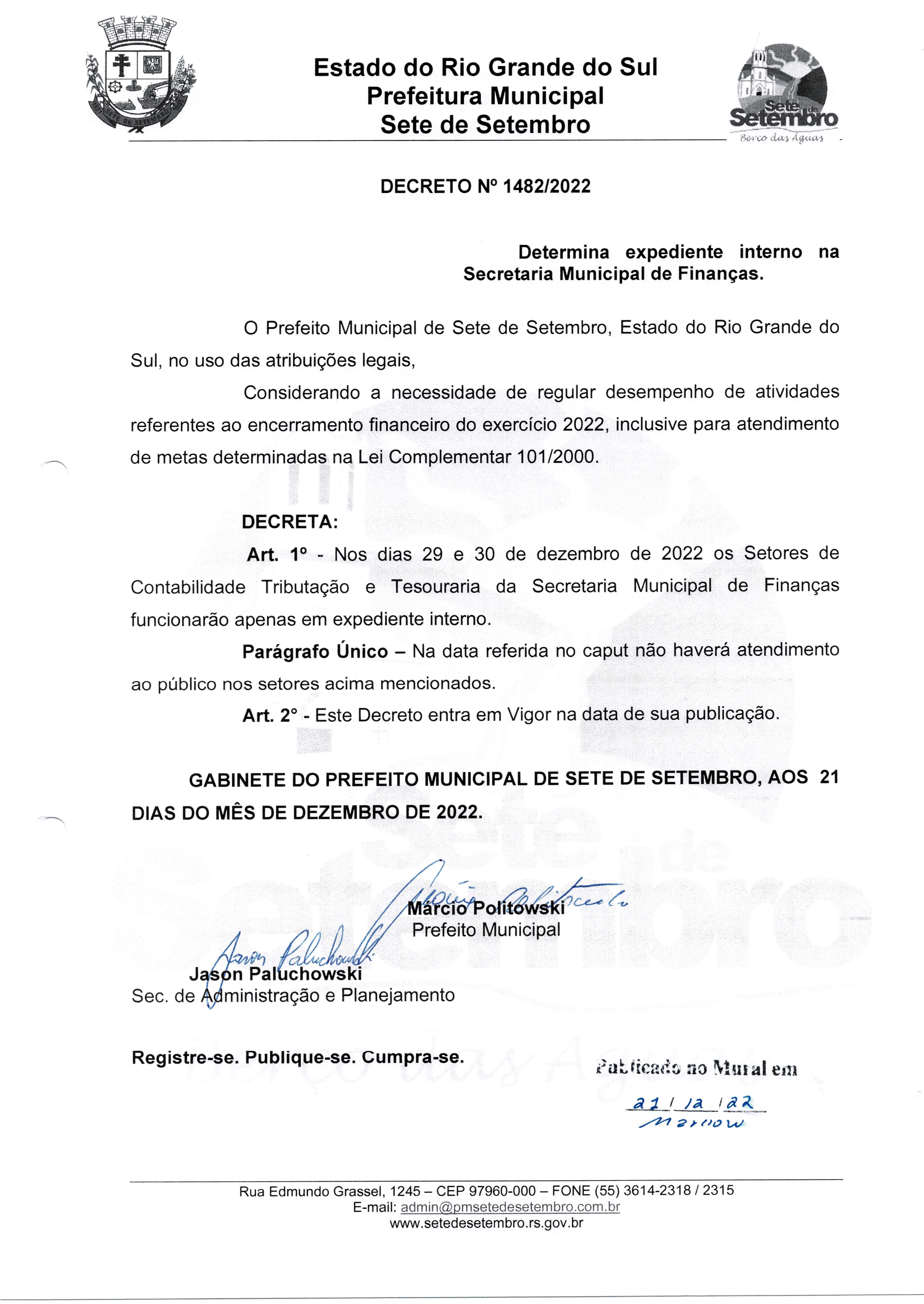 DECRETO Nº 1.482/2022 - EXPEDIENTE INTERNO NA SECRETARIA MUNICIPAL DE FINANÇAS
