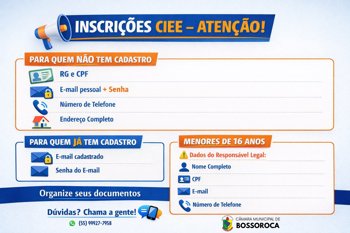 <p>Inscri&ccedil;&otilde;es CIEE - Aten&ccedil;&atilde;o aos documentos e dados necess&aacute;rios</p>