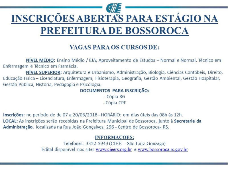 Abertas inscrições para estágio na Prefeitura de Bossoroca