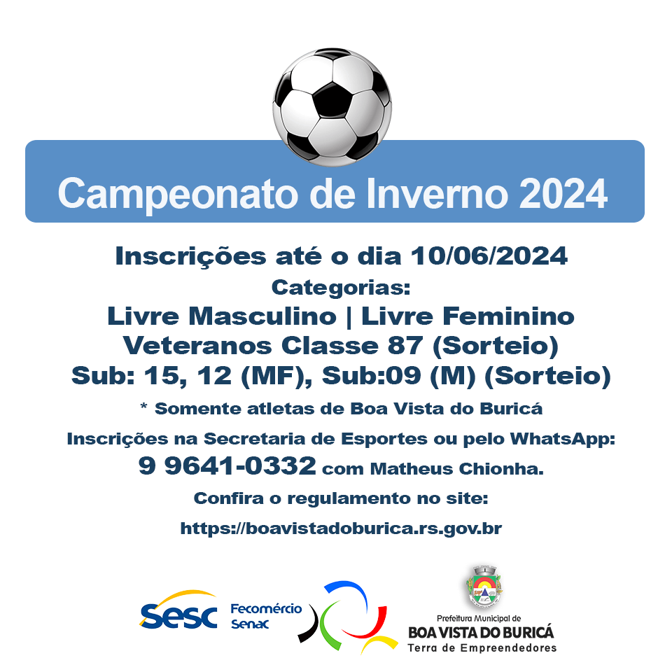 <p><strong>Inscri&ccedil;&otilde;es abertas para o Campeonato Municipal de Inverno 2024</strong></p>