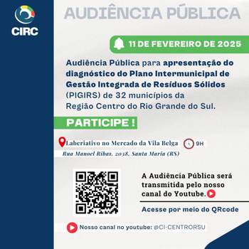 <p>AUDI&Ecirc;NCIA P&Uacute;BLICA PARA A APRESENTA&Ccedil;&Atilde;O DO DIAGN&Oacute;STICO DO PLANO INTERMUNICIPAL DE GEST&Atilde;O INTEGRADA DE RES&Iacute;DUOS S&Oacute;LIDOS</p>