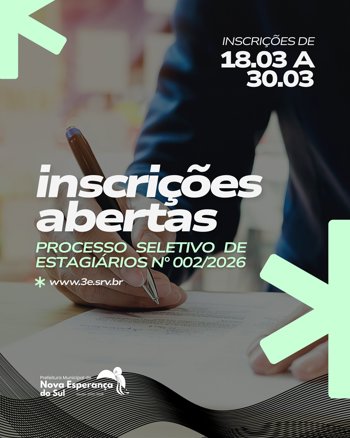 <p>EDITAL DE PROCESSO SELETIVO DE ESTAGI&Aacute;RIOS N&deg; 002/2026</p>