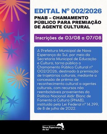CHAMAMENTO PÚBLICO CULTURAL Nº 002/2026<br />EDITAL DE PREMIAÇÃO DE TRAJETÓRIAS CULTURAIS