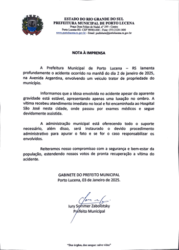 <p><strong>NOTA &Agrave; IMPRENSA ACIDENTE COM TRATOR</strong></p>