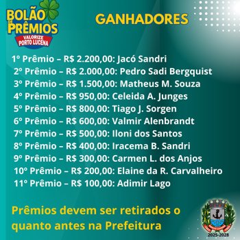 <p>GANHADORES DO BOL&Atilde;O DEVEM RETIRAR OS PREMIOS</p>